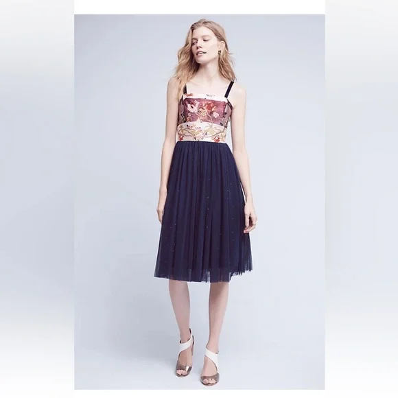 Anthropologie Moulinette Soeurs Floral and Navy Tulle Dress size 14 - Picture 2 of 16